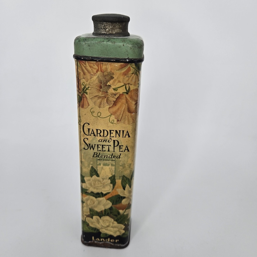 Vintage Landers Gardenia & Sweet Pea Blended Talc 7 oz‎ Floral Tin FULL Bathroom